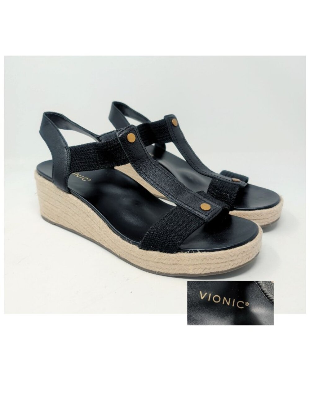 Vionic Espadrilles 12 Black Leather Wedge Platform Calera